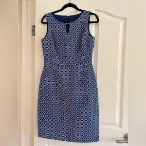Tahari blue and white sleeveless sheath dress